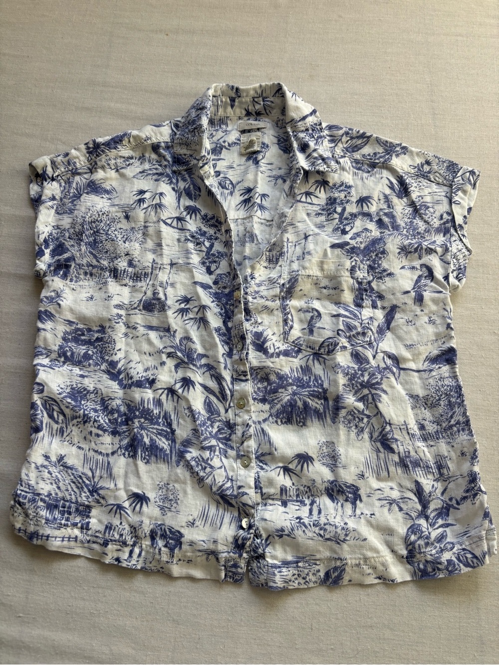 Joie 100% Linen Button Down Shirt Ivory Blue Size S Cap Sleeve Coastal Blouse